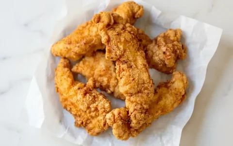 Crispy Chicken Tenders, naturally plated and freshly cooked, served on a clean white marble surface with natural daylight.