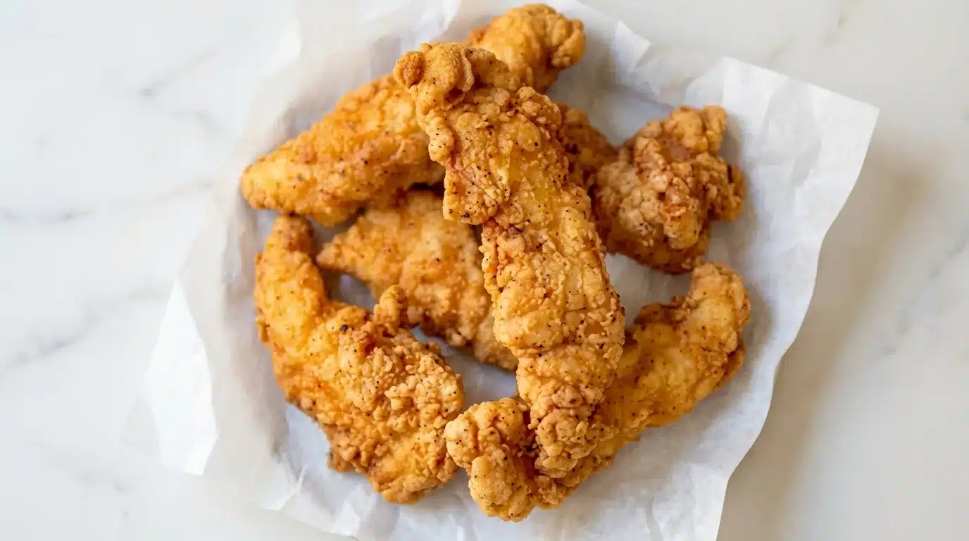 Crispy Chicken Tenders, naturally plated and freshly cooked, served on a clean white marble surface with natural daylight.
