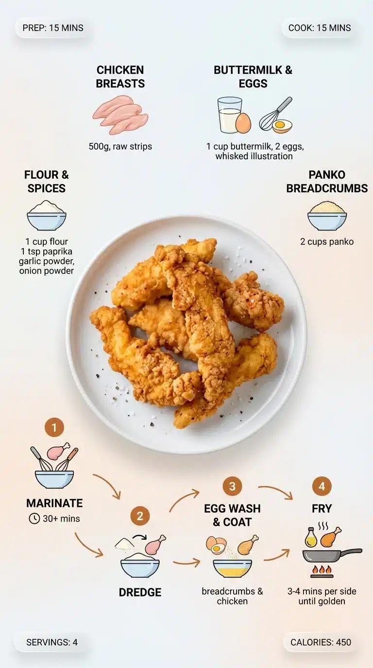 Modern infographic for Crispy Chicken Tenders recipe with finished dish, ingredients, and step-by-step prep.