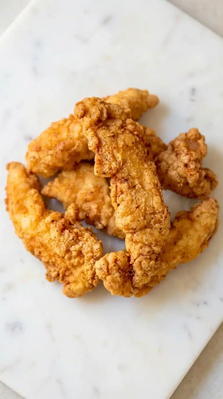 Photorealistic crispy chicken tenders, freshly cooked and naturally plated on clean white marble, ready to serve.