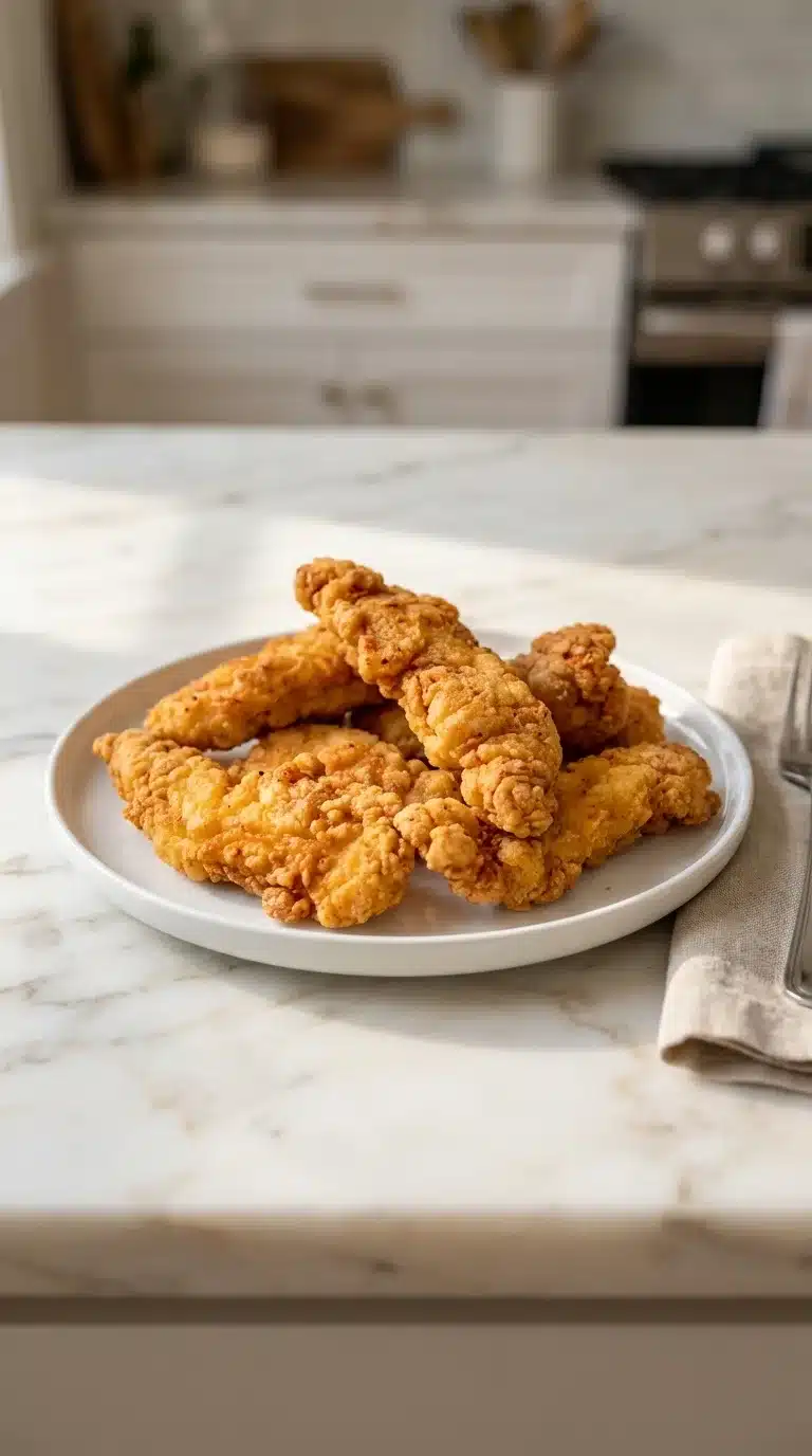 Photorealistic crispy chicken tenders, freshly baked and ready to eat, served as an everyday meal on white marble.
