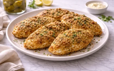 crispy-dill-pickle-parmesan-chicken served on white marble plate with golden crust