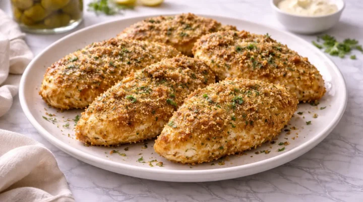 crispy-dill-pickle-parmesan-chicken served on white marble plate with golden crust