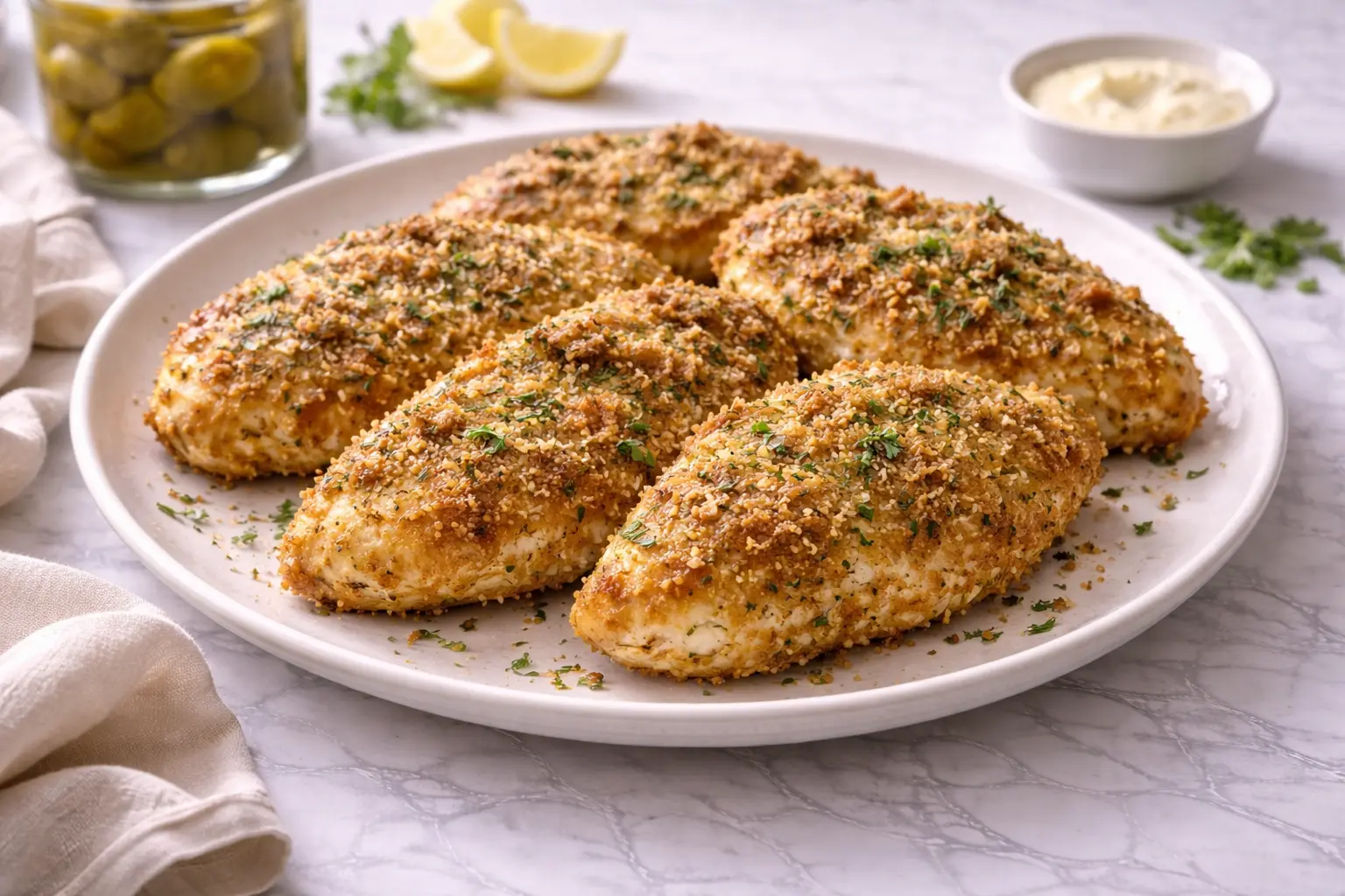 crispy-dill-pickle-parmesan-chicken served on white marble plate with golden crust