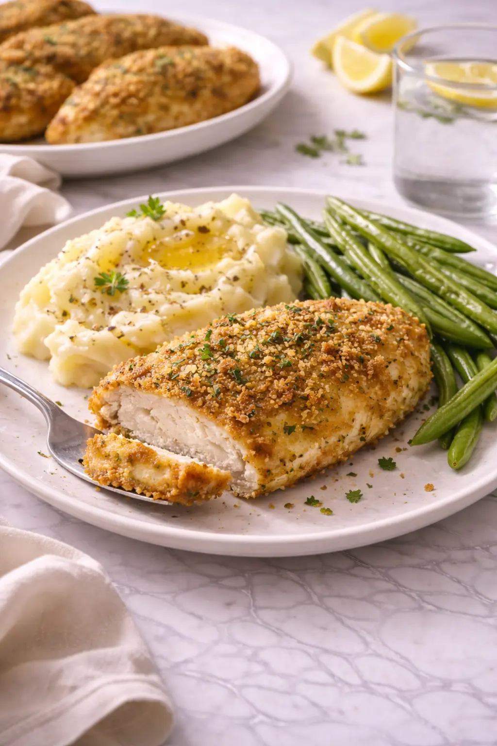 crispy-dill-pickle-parmesan-chicken served with mashed potatoes and green beans on white marble table