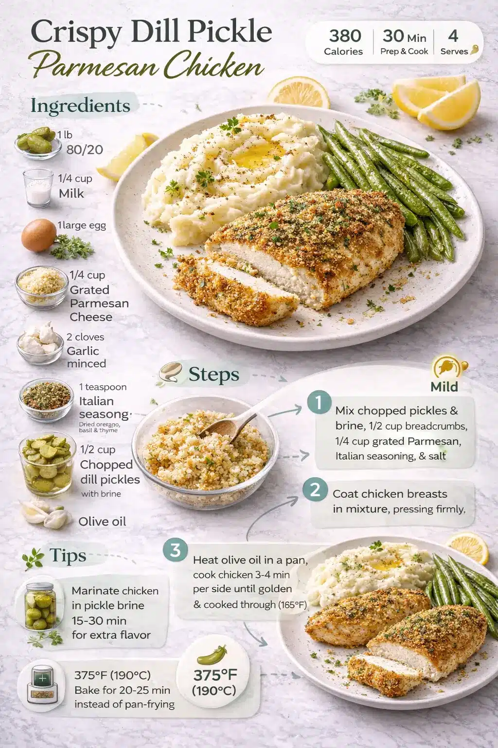 crispy-dill-pickle-parmesan-chicken recipe infographic with ingredients, step by step instructions, and cooking tips