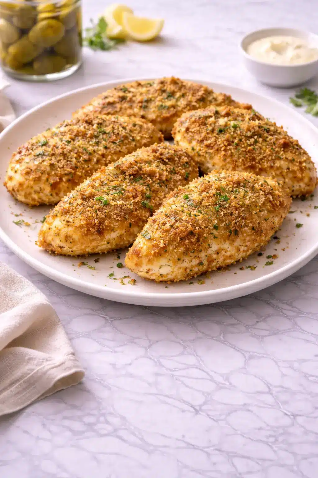 crispy-dill-pickle-parmesan-chicken with golden parmesan crust on white marble background vertical image