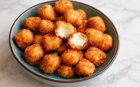 Crispy fried mozzarella bites with golden breadcrumbs and melted cheese centers served in a bowl