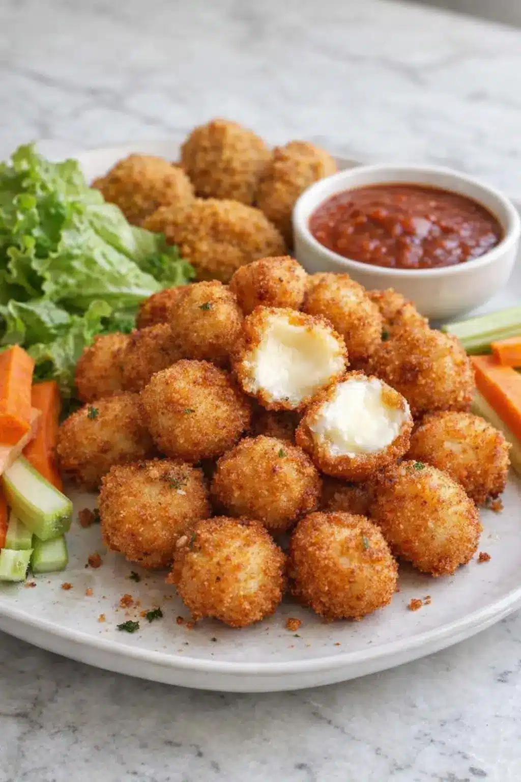 Crispy Fried Mozzarella Bites Crispy fried mozzarella bites with a golden crust and melted cheese center served with marinara sauce