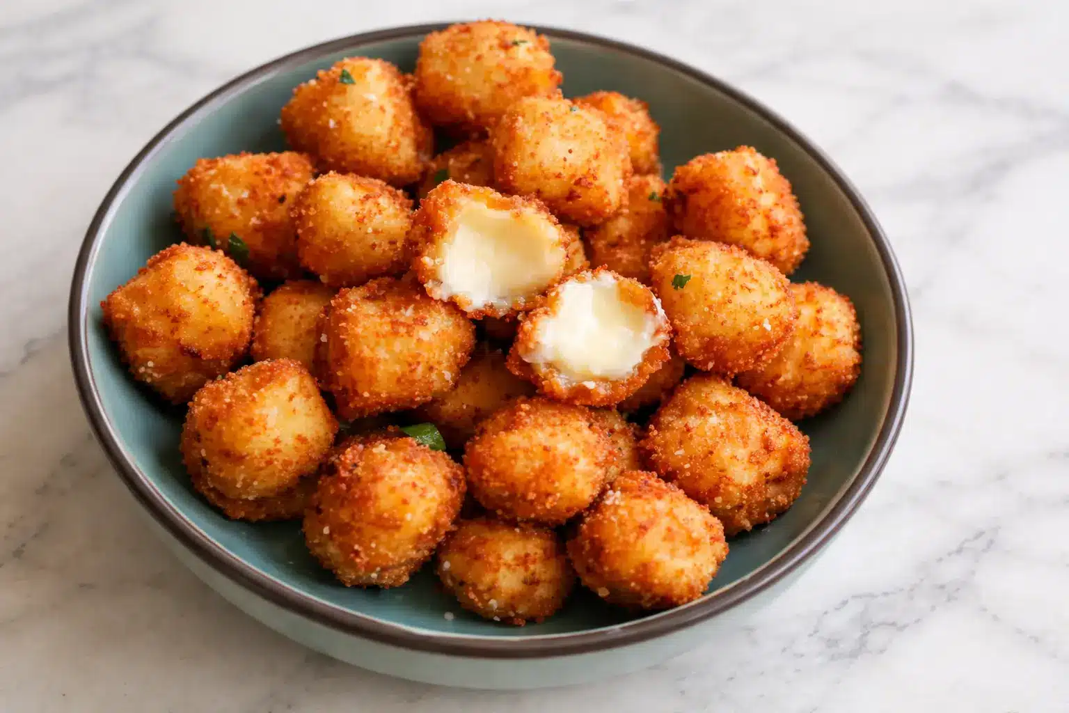 Crispy Fried Mozzarella Bites Crispy fried mozzarella bites with golden breadcrumbs and melted cheese centers served in a bowl