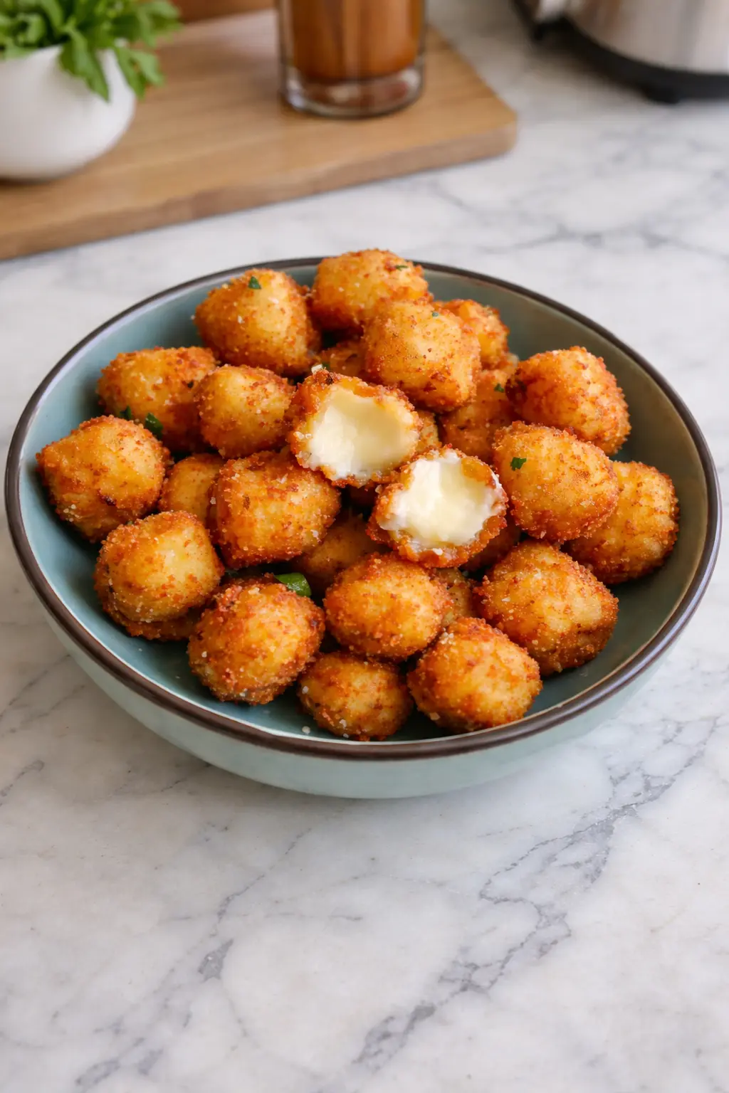 Crispy Fried Mozzarella Bites Crispy fried mozzarella bites with golden breading and melted cheese centers in a bowl