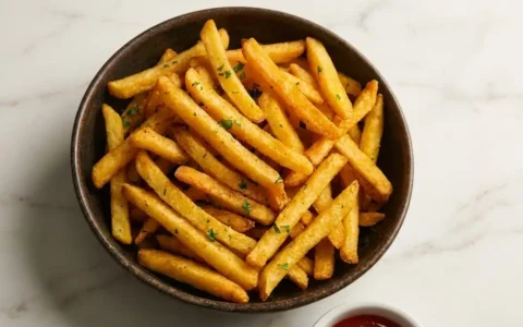 Perfectly golden and crispy homemade french fries, freshly cooked and ready to enjoy on a clean white marble surface.