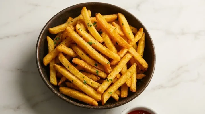 Crispy Homemade French Fries Perfectly golden and crispy homemade french fries, freshly cooked and ready to enjoy on a clean white marble surface.