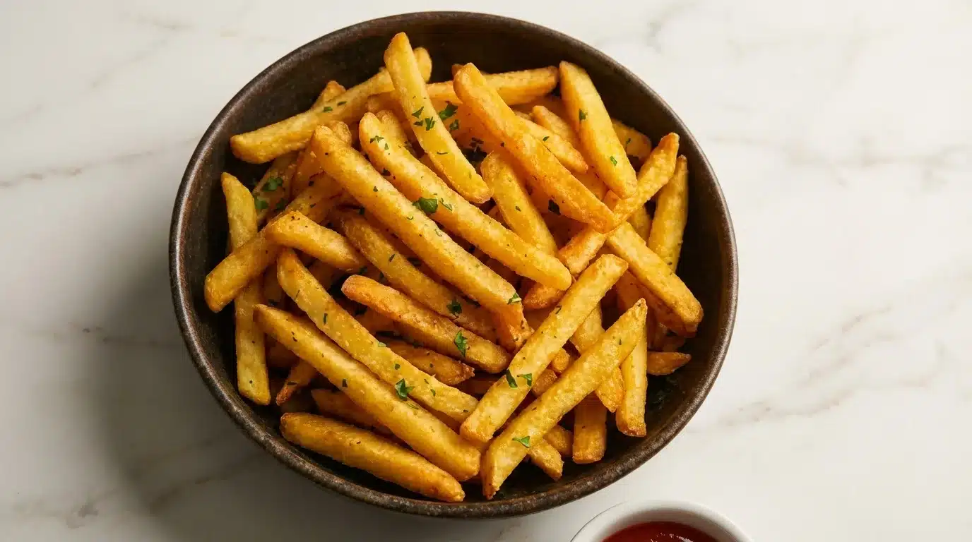 Perfectly golden and crispy homemade french fries, freshly cooked and ready to enjoy on a clean white marble surface.