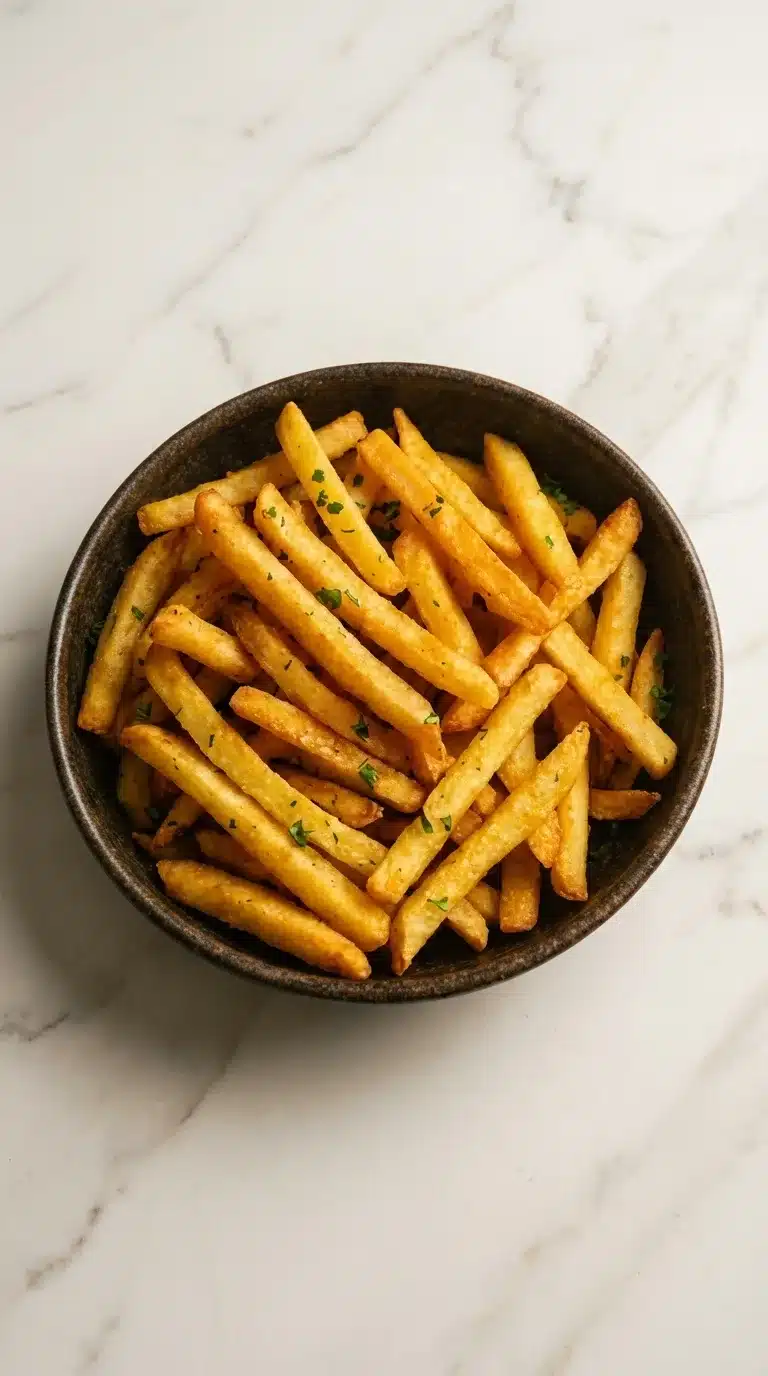 Photorealistic image of crispy homemade French fries served on white marble, captured with natural light for a home kitchen feel.