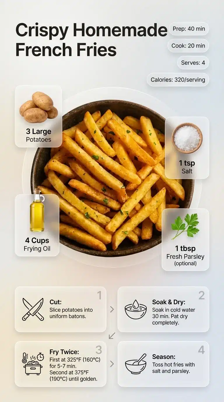 Infographic: Crispy Homemade French Fries recipe with plated fries, ingredients, step-by-step instructions, and cooking icons. Vertical 9:16 layout.