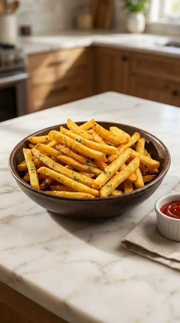 Crispy homemade French fries, perfectly golden and hot, served on a plate as part of a delicious everyday meal.