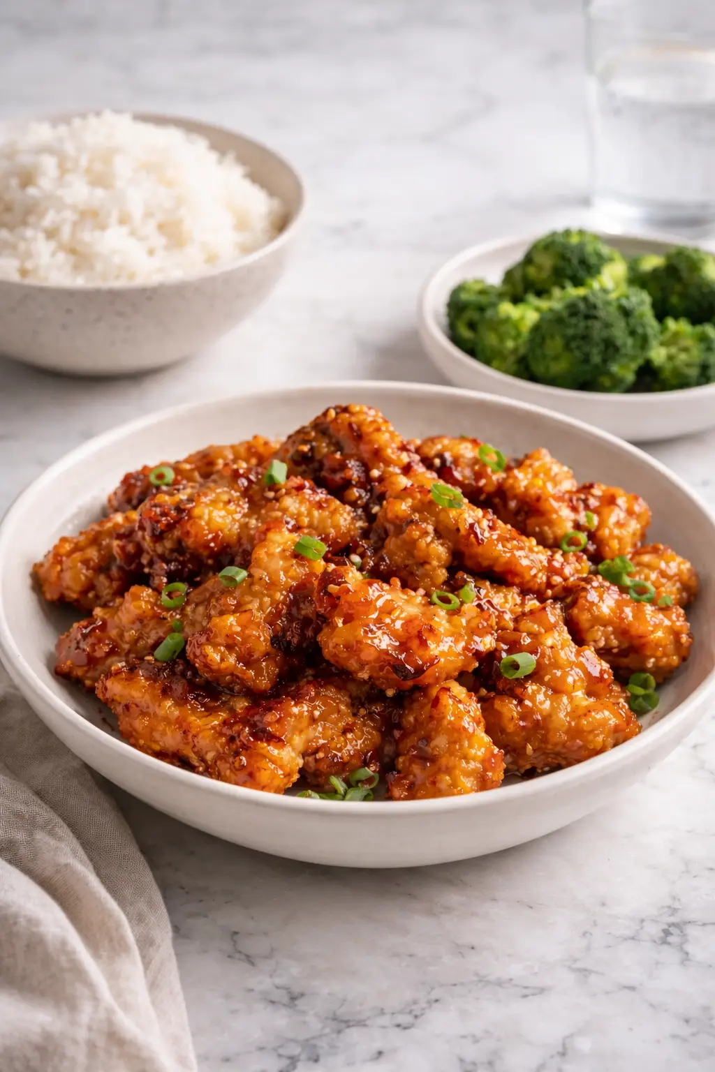 Crispy Orange Chicken in a bowl with orange glaze served alongside rice and broccoli