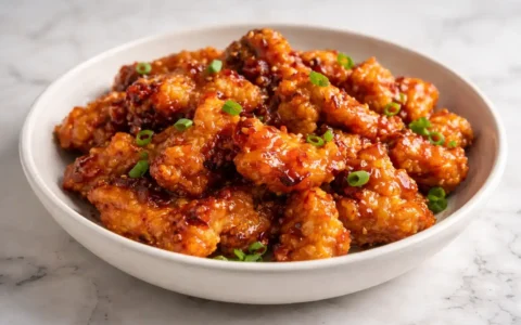 Crispy Orange Chicken pieces coated in glossy orange glaze served on a white plate