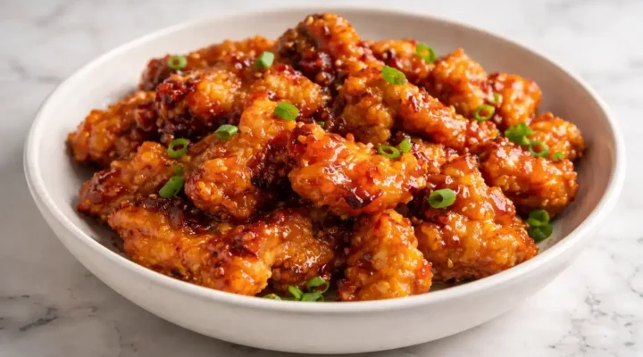Crispy Orange Chicken pieces coated in glossy orange glaze served on a white plate