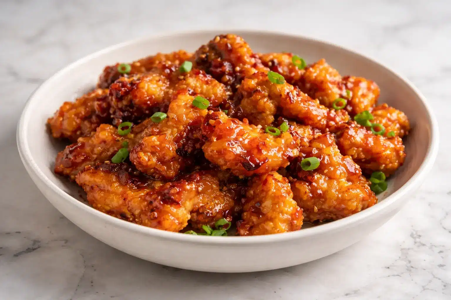 Crispy Orange Chicken pieces coated in glossy orange glaze served on a white plate