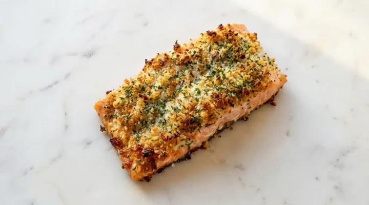Crispy Parmesan Salmon Bake finished and ready to serve, plated on clean white marble with natural light.