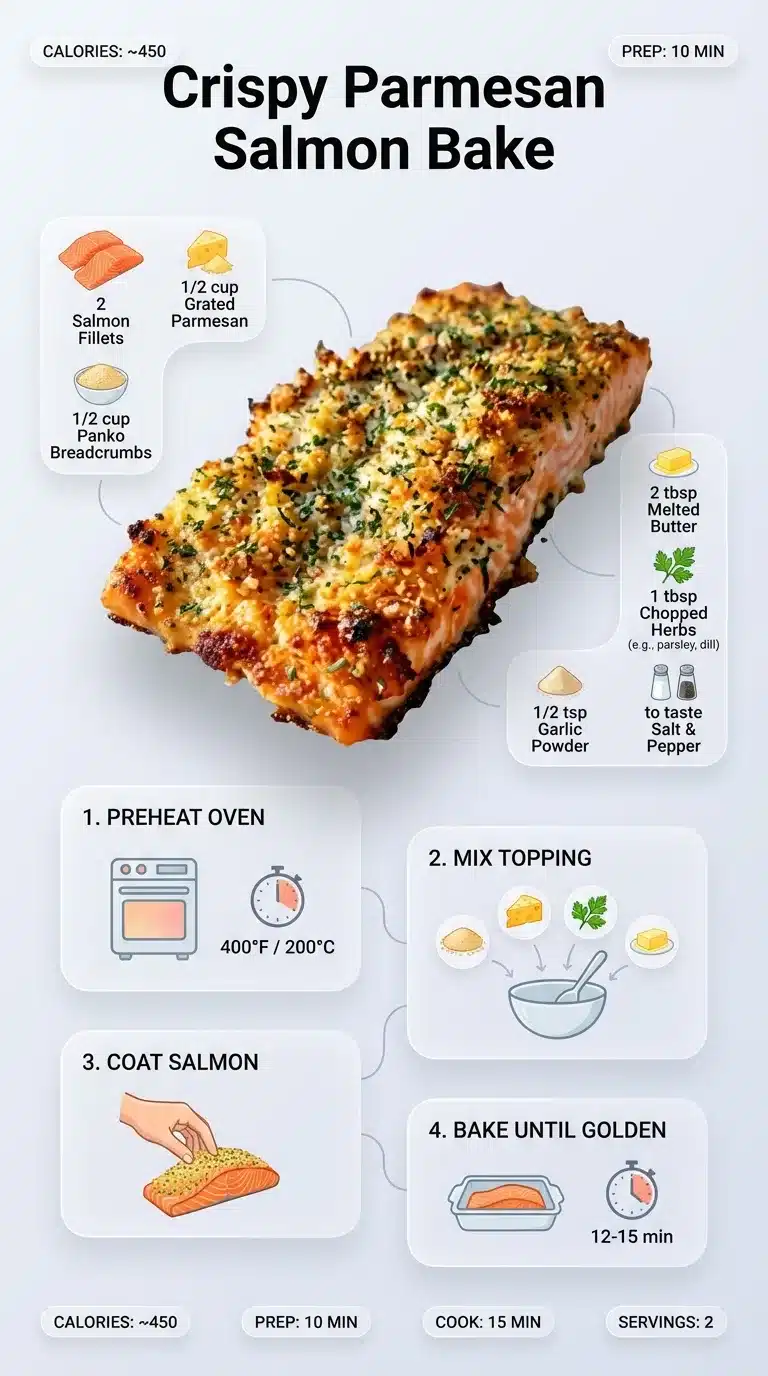 Infographic for Crispy Parmesan Salmon Bake recipe, showing plated salmon, ingredients, and step-by-step instructions. 9:16 vertical.