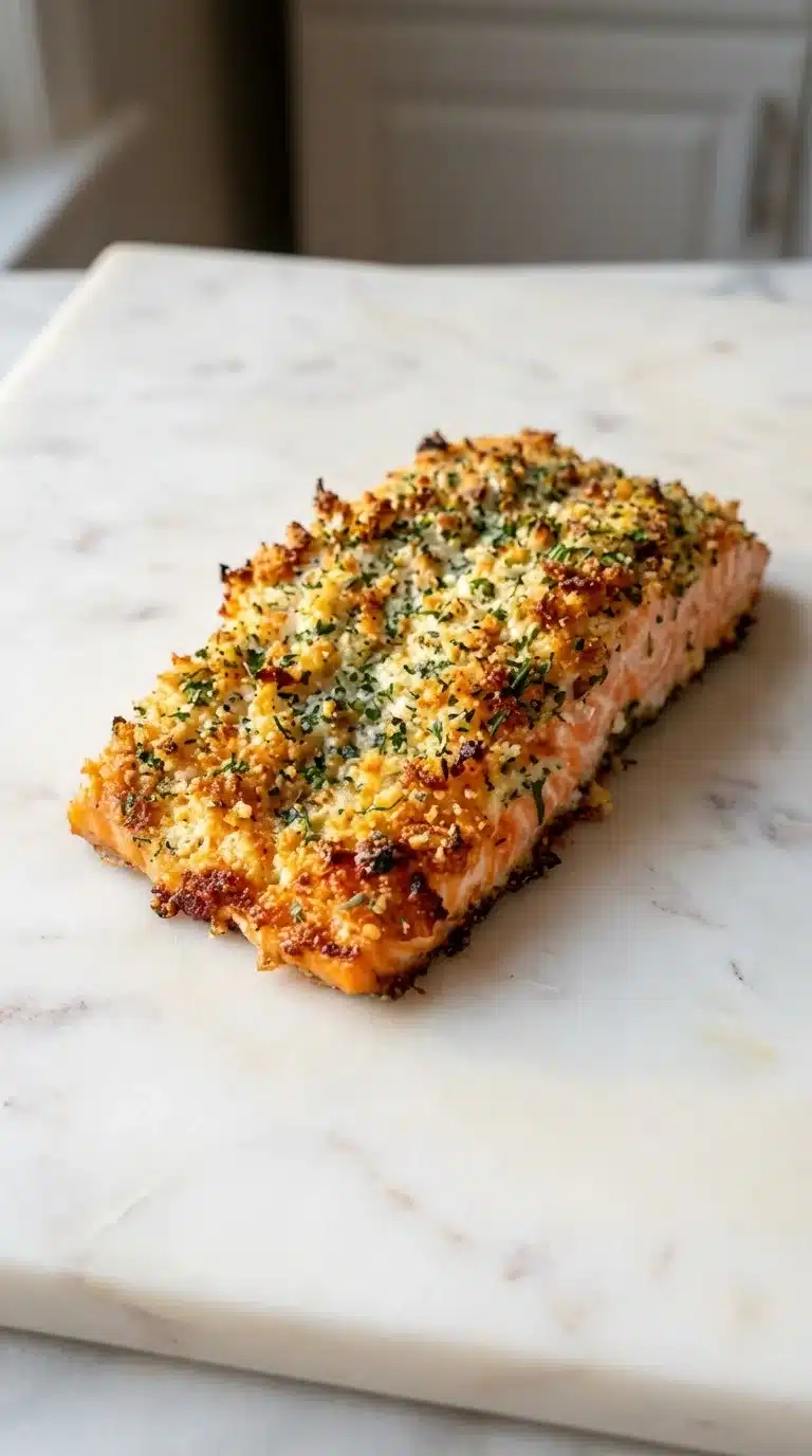 Crispy Parmesan Salmon Bake on white marble, ready to serve. Photorealistic, natural plating, fresh, and warm off-white tones.