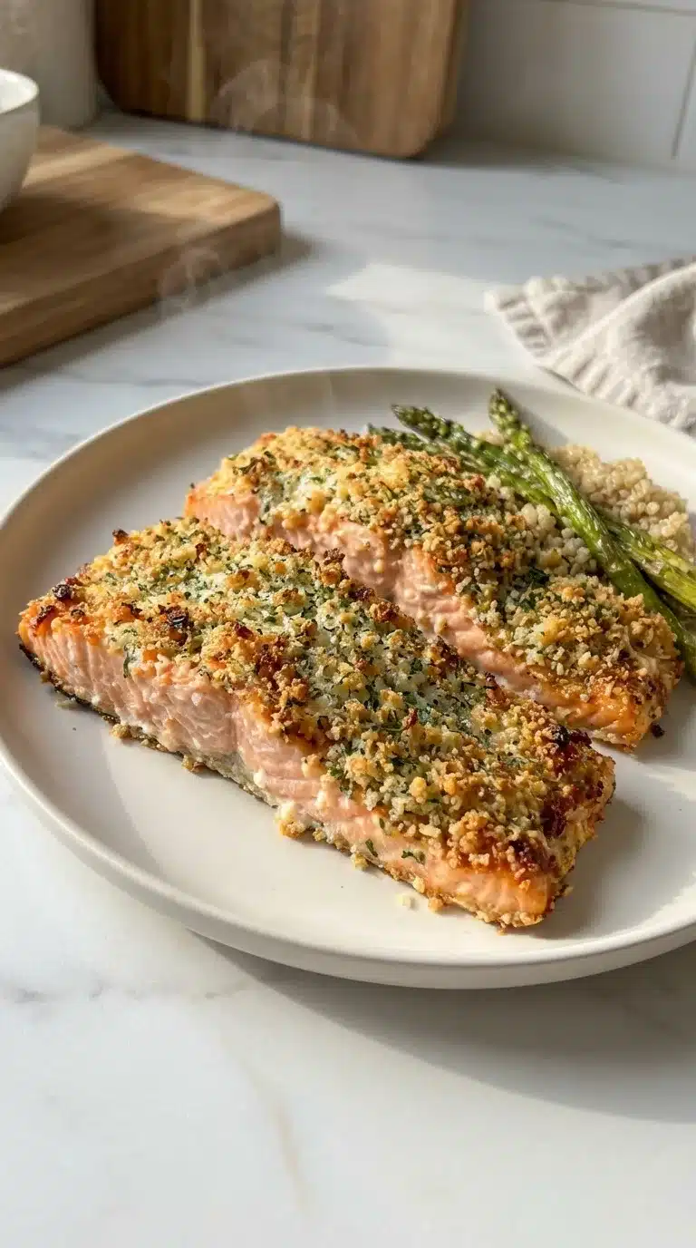 Photorealistic Crispy Parmesan Salmon Bake, freshly baked and perfectly served on white marble as an everyday meal.