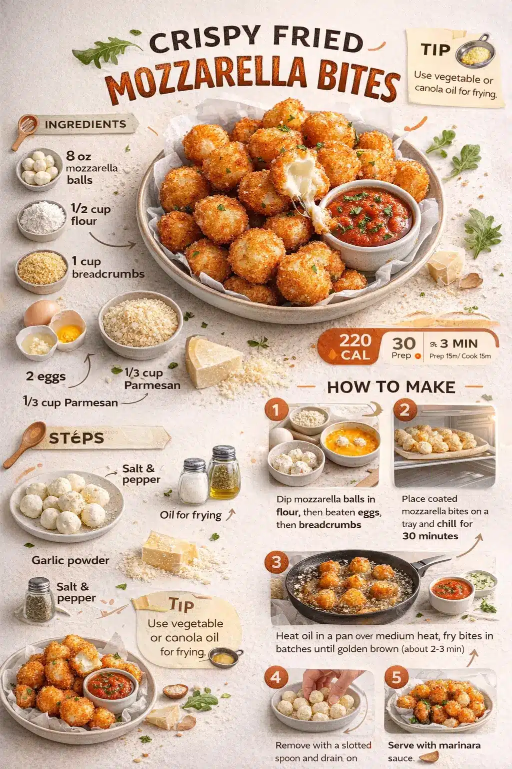 Crispy Fried Mozzarella Bites Crispy fried mozzarella bites with golden breadcrumb coating, served with marinara sauce, shown in a modern recipe infographic with ingredients and step-by-step instructions.