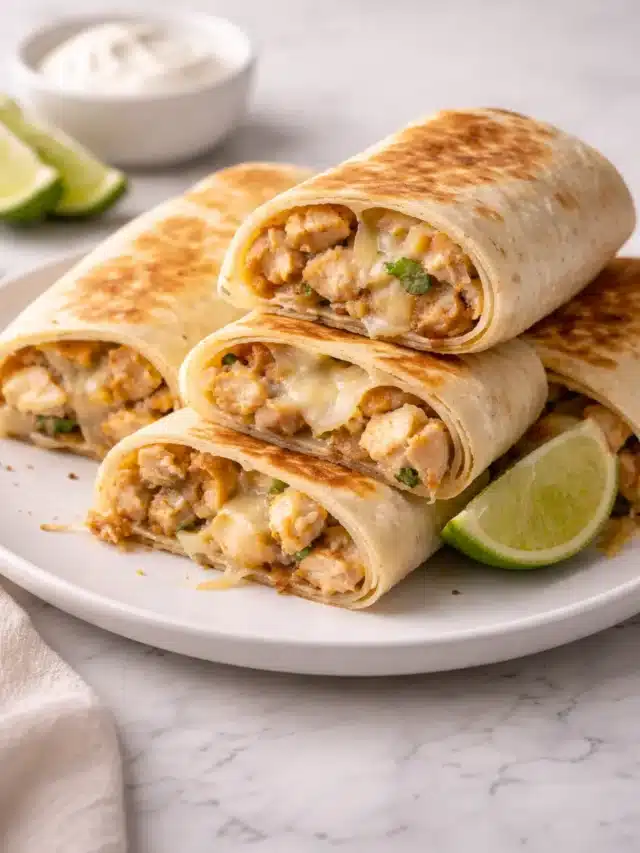 Cheesy garlic chicken wraps stacked on a plate with melted cheese and tender chicken