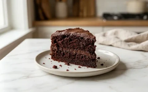 Photorealistic image of a decadent homemade chocolate cake, finished and ready to serve on white marble. So inviting!