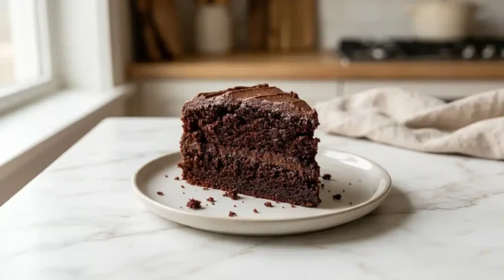 Photorealistic image of a decadent homemade chocolate cake, finished and ready to serve on white marble. So inviting!