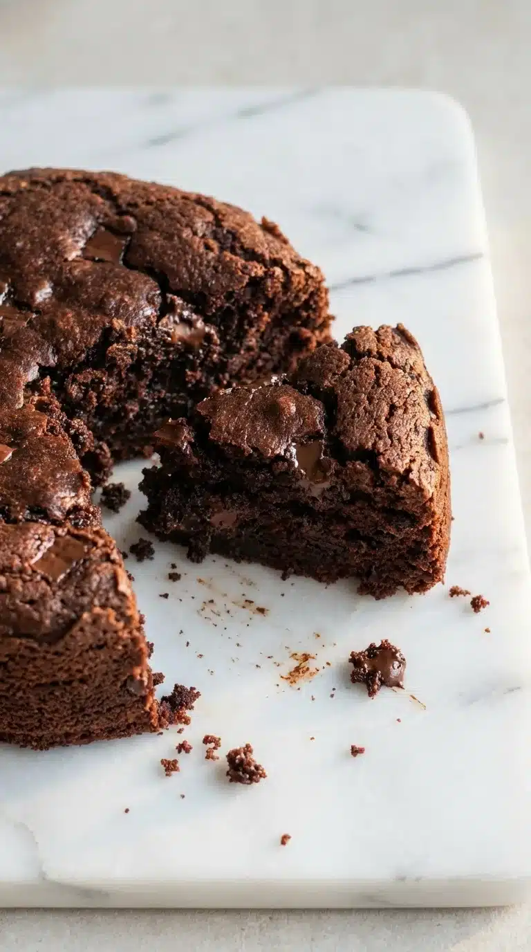 Photorealistic image of a decadent homemade chocolate cake, naturally plated on white marble, ready to serve. Captures a timeless home kitchen feel.
