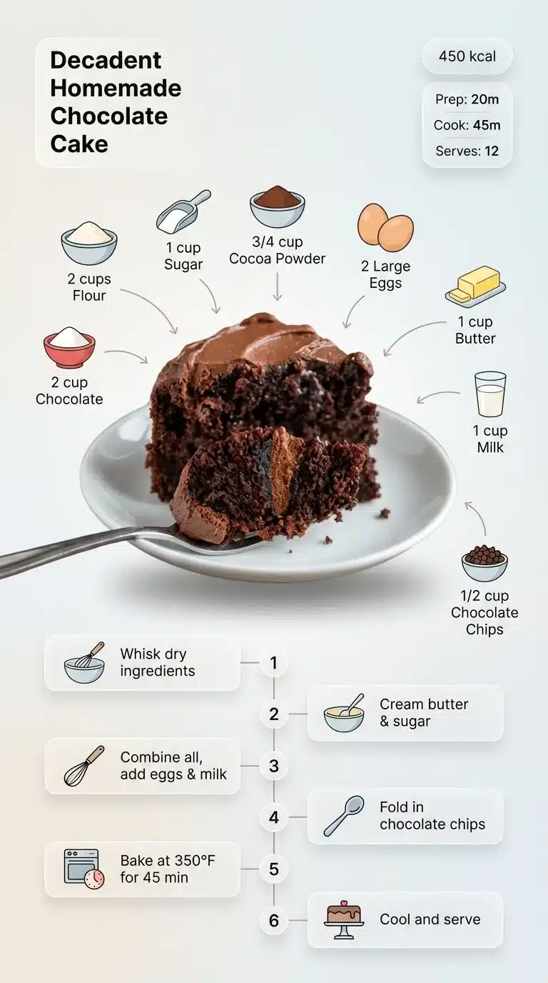 Infographic featuring a decadent homemade chocolate cake, step-by-step recipe, and ingredients. Optimized for social feeds.