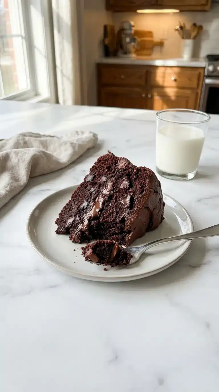 Photorealistic image of a decadent homemade chocolate cake, freshly baked and served on white marble, ready to eat in a home kitchen setting.