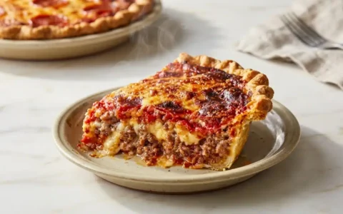 Deep Hamburger And Sausage Pepperoni Pie, finished and ready to serve. Photorealistic food photography with natural plating.
