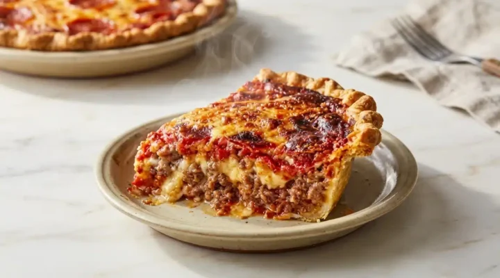 Deep Hamburger And Sausage Pepperoni Pie, finished and ready to serve. Photorealistic food photography with natural plating.