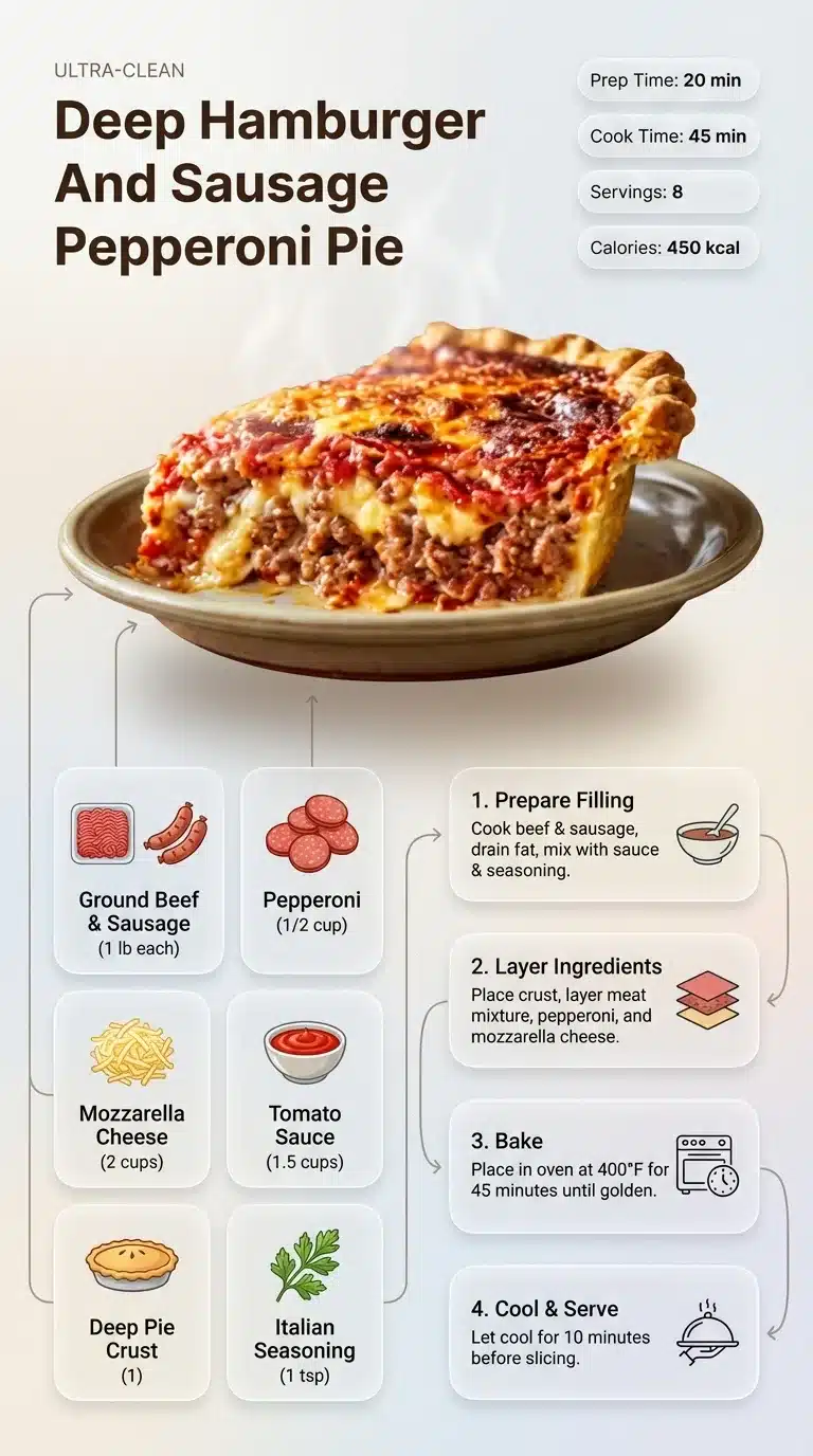 Modern infographic for Deep Hamburger And Sausage Pepperoni Pie recipe with step-by-step instructions, ingredients, and nutrition facts in 9:16 format.