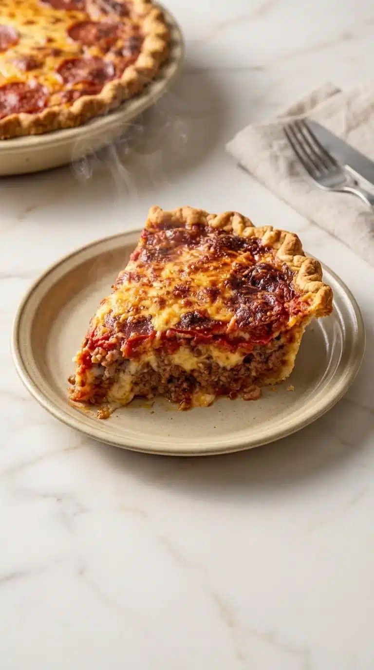 Deep Hamburger And Sausage Pepperoni Pie, freshly cooked, naturally plated on white marble, ready to serve.