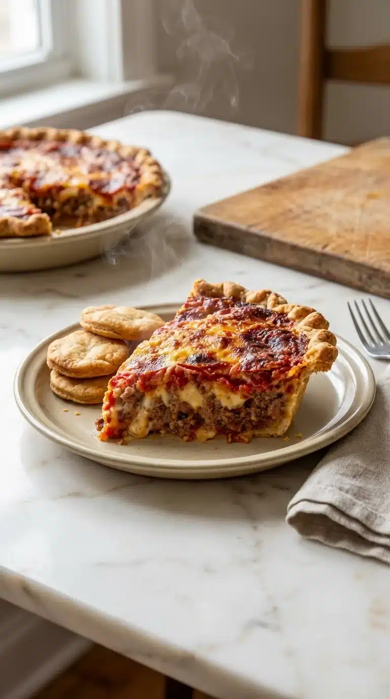 Photorealistic Deep Hamburger And Sausage Pepperoni Pie serving, freshly baked as part of an everyday meal, on white marble.