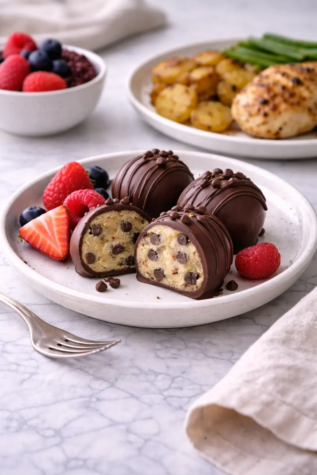 Easy Chocolate Chip Cookie Dough Truffles served on a plate with fresh berries as part of a casual home meal