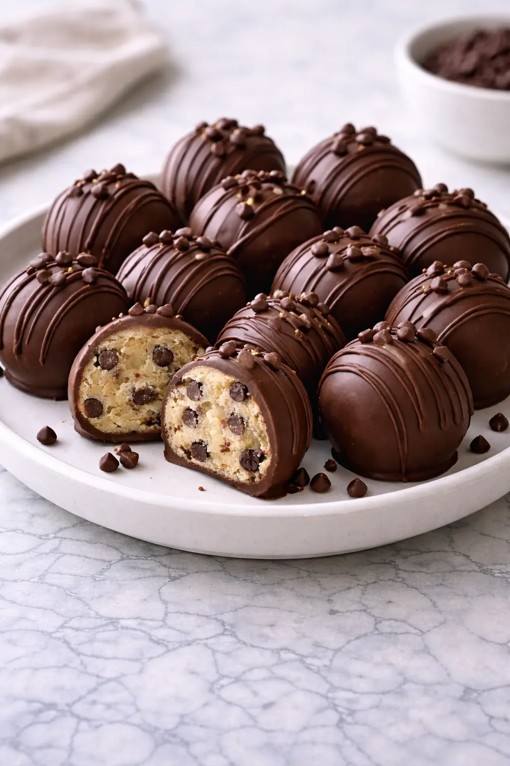 Easy Chocolate Chip Cookie Dough Truffles coated in chocolate with a soft cookie dough center, ready to serve
