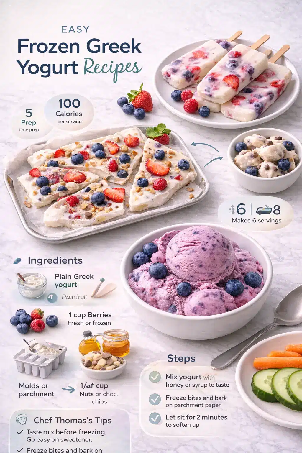 Easy frozen Greek yogurt recipes infographic showing ingredients, simple steps, and finished treats