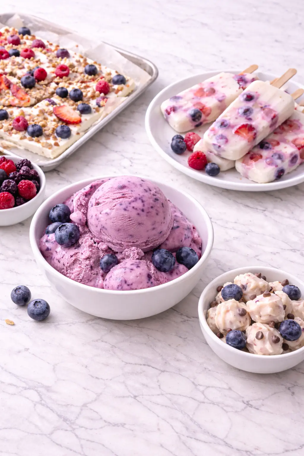Easy frozen Greek yogurt recipes with berry yogurt, yogurt bark, and yogurt popsicles