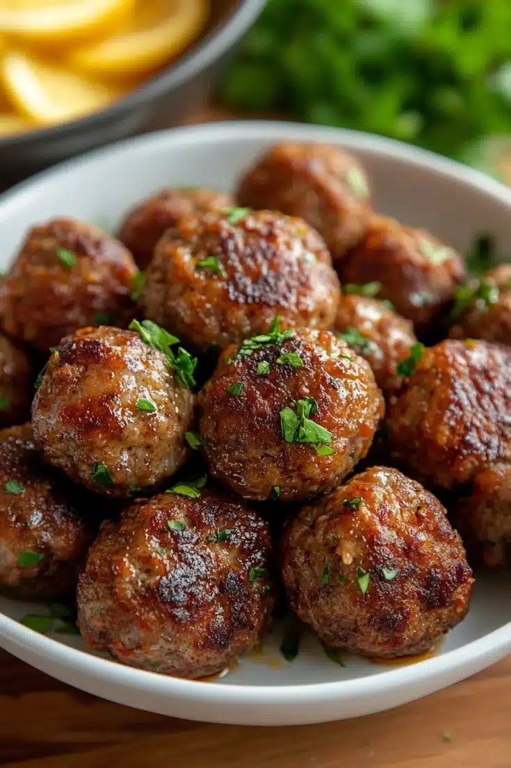 A plate of delicious homemade meatballs ready to serve with sauce.