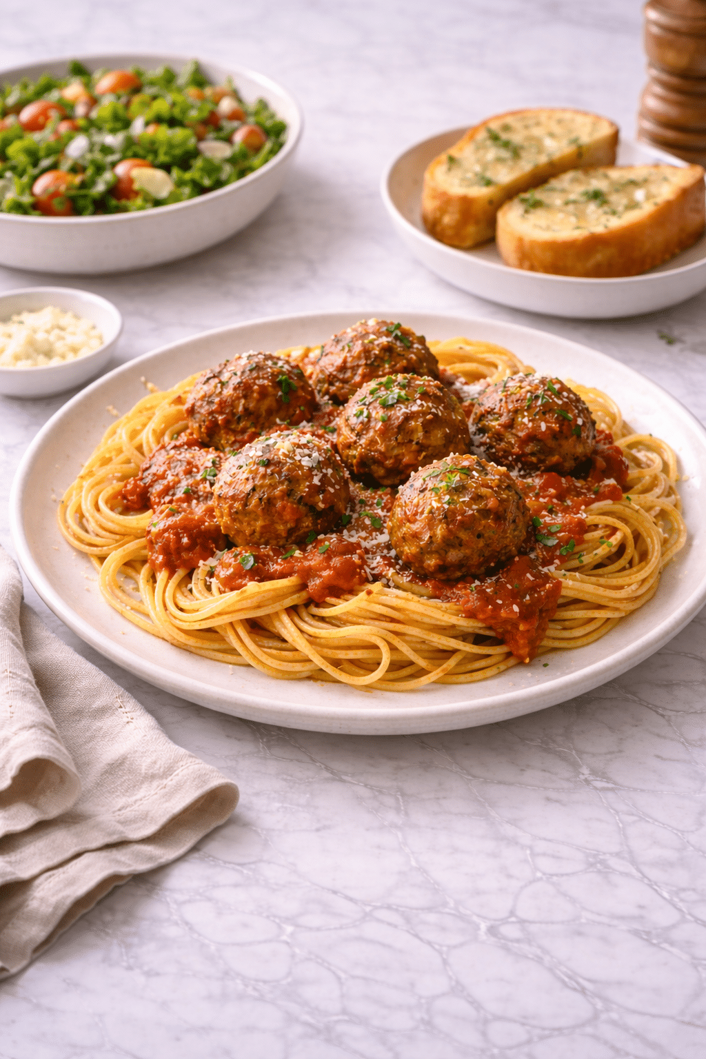 easy-meatball-recipe served with spaghetti, salad, and garlic bread on white marble table