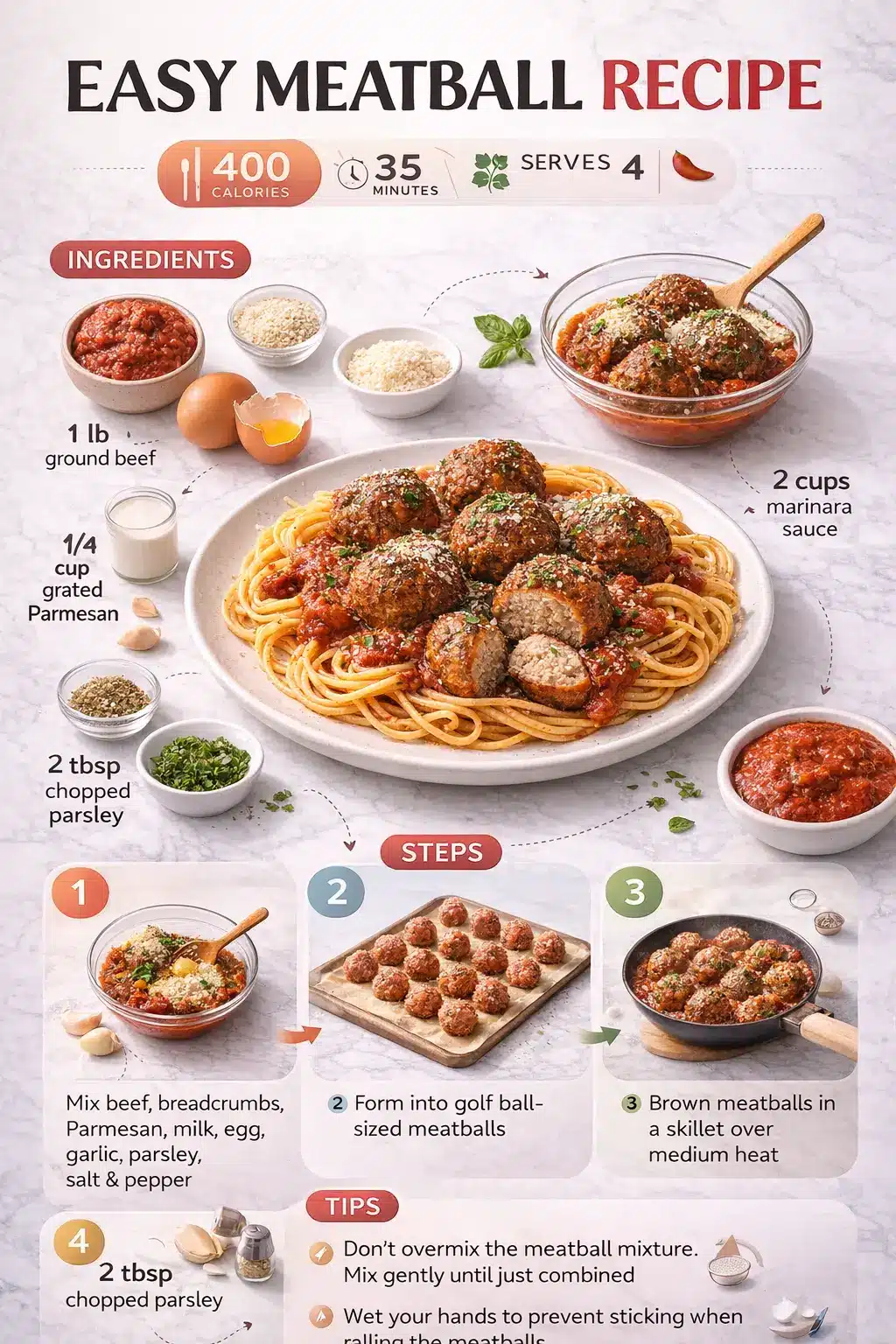 easy-meatball-recipe infographic showing ingredients, step by step instructions, and cooking tips