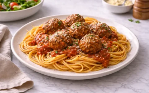 easy-meatball-recipe served over spaghetti with tomato sauce on white marble table