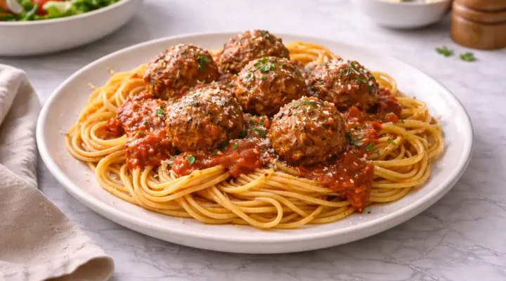 easy-meatball-recipe served over spaghetti with tomato sauce on white marble table